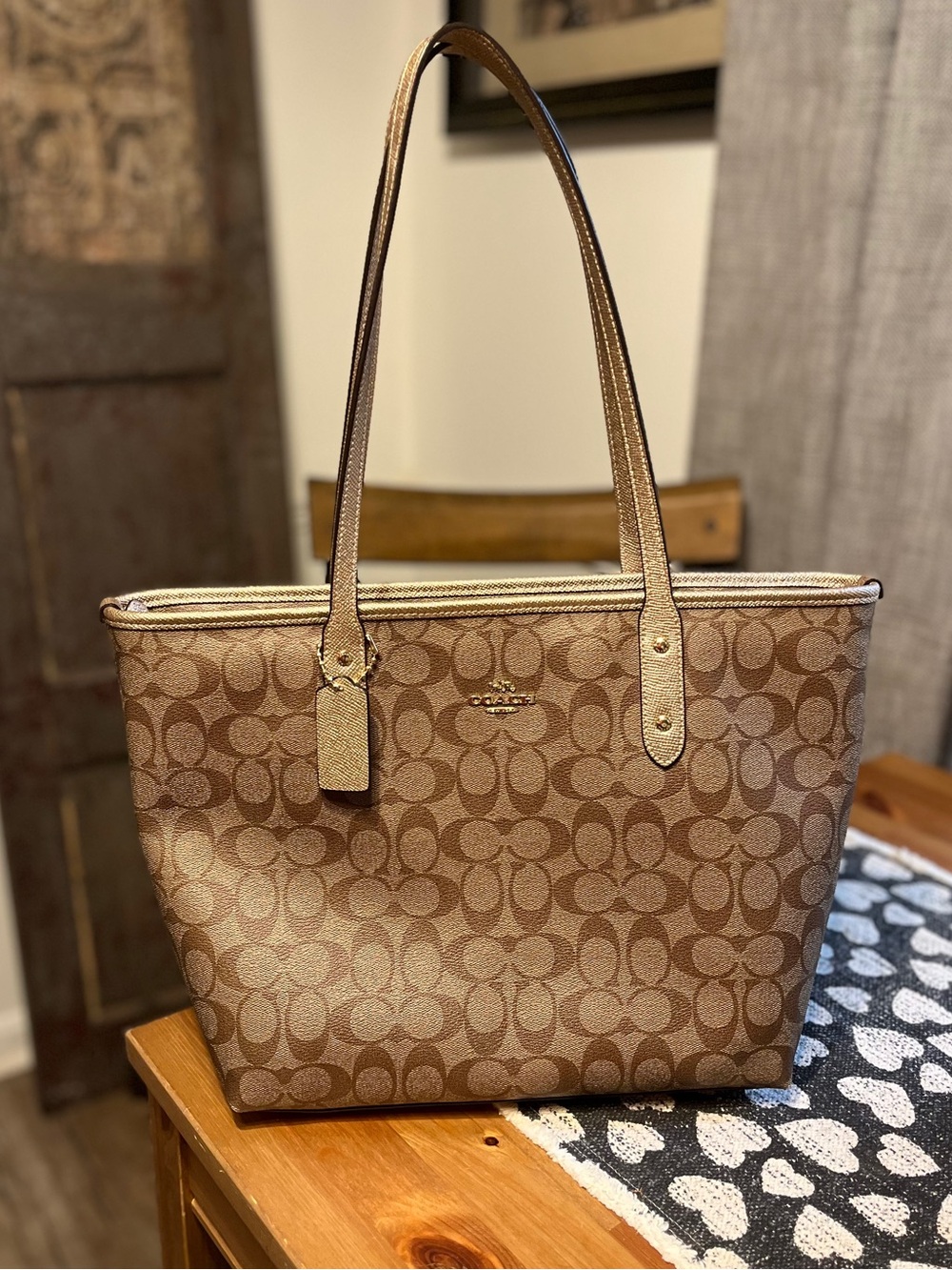 Coach F39523 Signature City Zip Tote Taupe Jacquard Champagne Metallic Bag